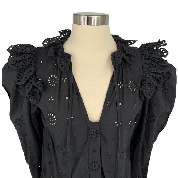 V. De. Vinster Joshua Blouse Black Size S Lace Ruffle V Neck Puff Sleeves - Picture 2 of 9